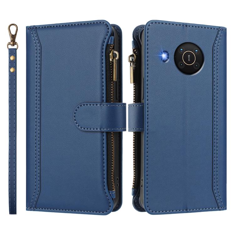 For Nokia X20 / X10 Magnetic Closure 9 Card Slots Zipper Leather Case with Hand Strap