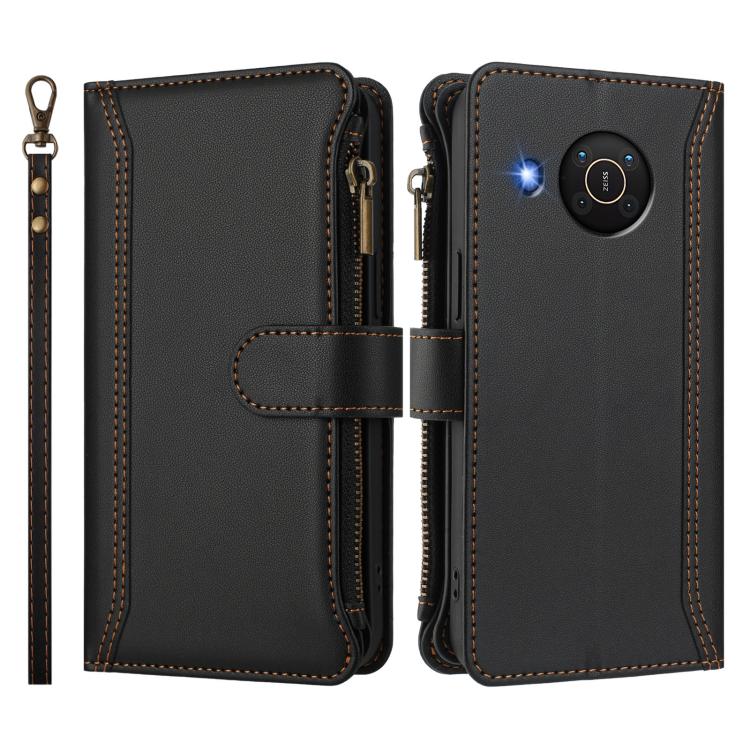 For Nokia X20 / X10 Magnetic Closure 9 Card Slots Zipper Leather Case with Hand Strap