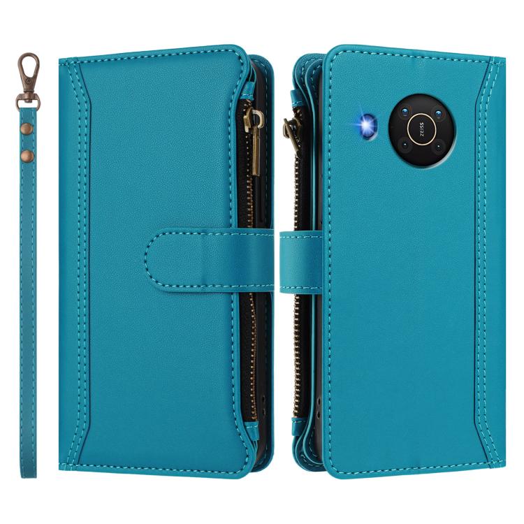 For Nokia X20 / X10 Magnetic Closure 9 Card Slots Zipper Leather Case with Hand Strap