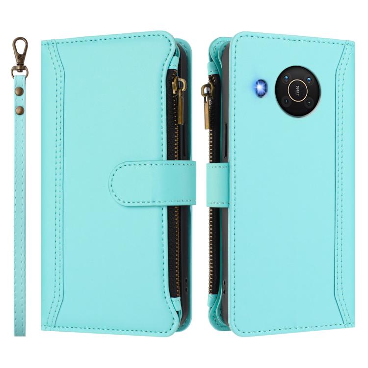 For Nokia X20 / X10 Magnetic Closure 9 Card Slots Zipper Leather Case with Hand Strap