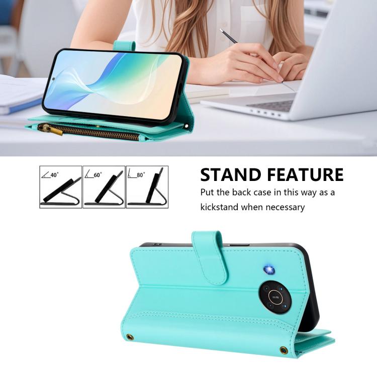 For Nokia X20 / X10 Magnetic Closure 9 Card Slots Zipper Leather Case with Hand Strap