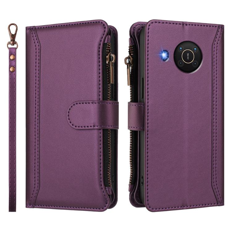 For Nokia X20 / X10 Magnetic Closure 9 Card Slots Zipper Leather Case with Hand Strap
