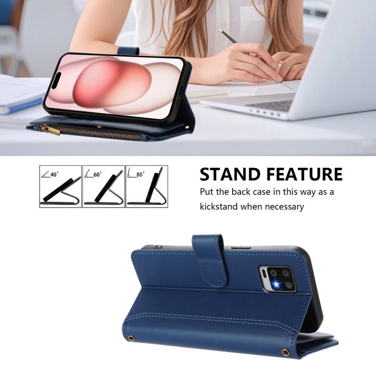 For Sharp Aquos Air / zero6 Magnetic Closure 9 Card Slots Zipper Leather Case with Hand Strap
