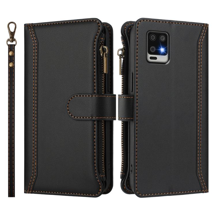 For Sharp Aquos Air / zero6 Magnetic Closure 9 Card Slots Zipper Leather Case with Hand Strap