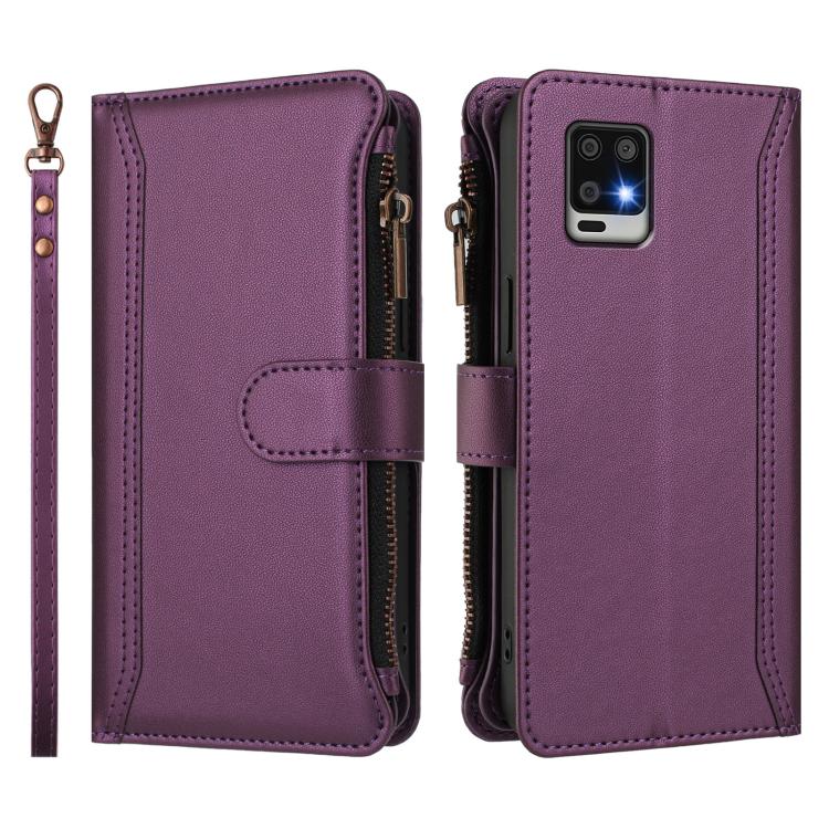 For Sharp Aquos Air / zero6 Magnetic Closure 9 Card Slots Zipper Leather Case with Hand Strap