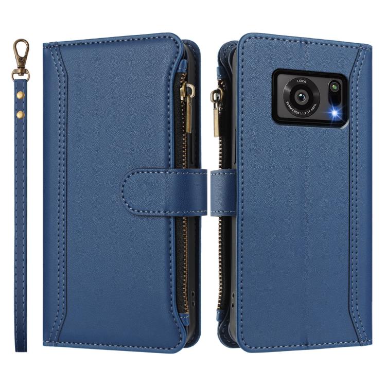 For Sharp Aquos R6 Magnetic Closure 9 Card Slots Zipper Leather Case with Hand Strap