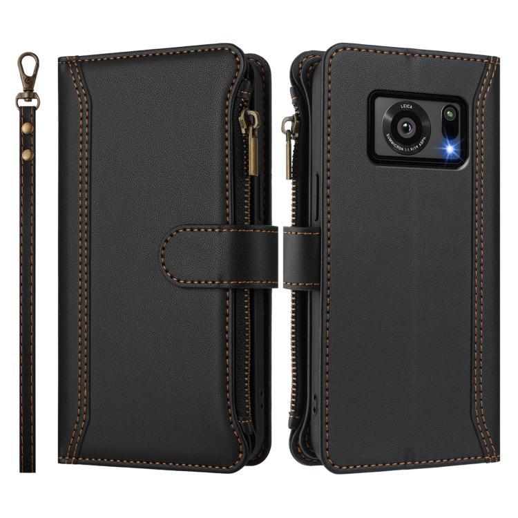 For Sharp Aquos R6 Magnetic Closure 9 Card Slots Zipper Leather Case with Hand Strap