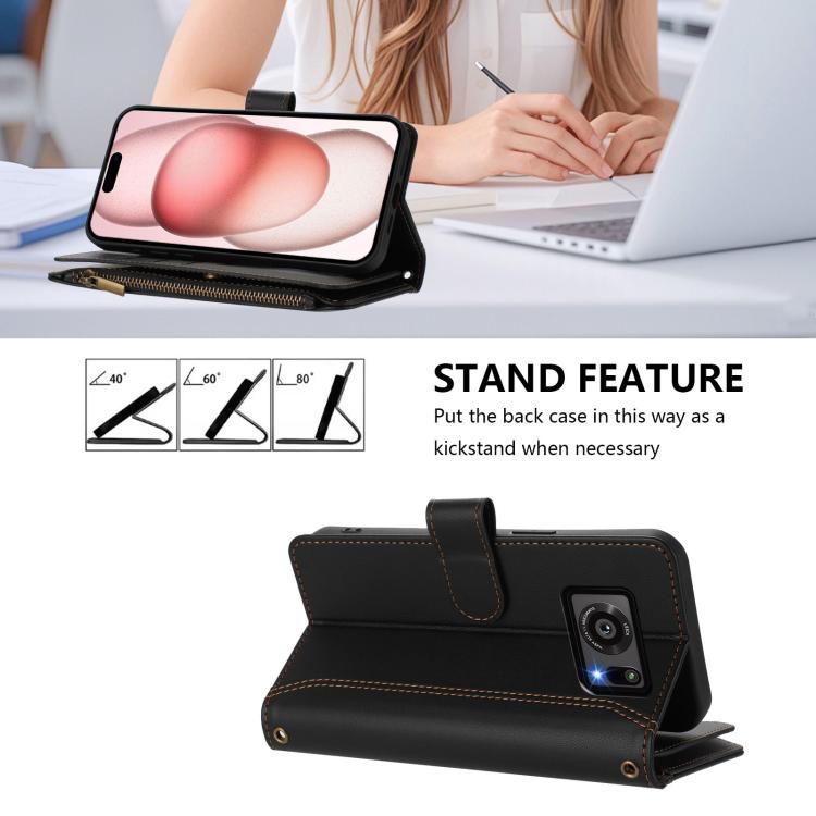 For Sharp Aquos R6 Magnetic Closure 9 Card Slots Zipper Leather Case with Hand Strap