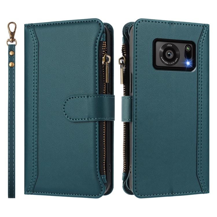 For Sharp Aquos R6 Magnetic Closure 9 Card Slots Zipper Leather Case with Hand Strap
