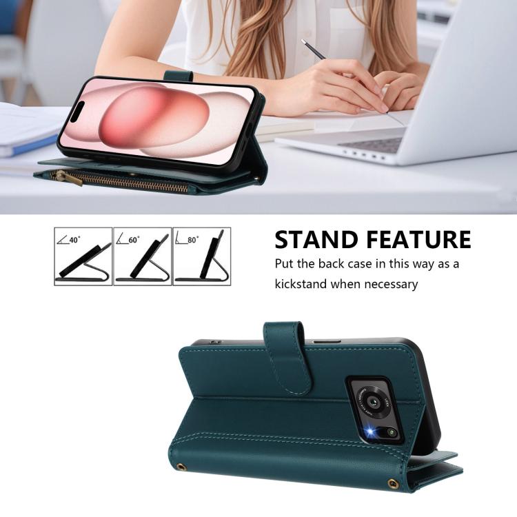 For Sharp Aquos R6 Magnetic Closure 9 Card Slots Zipper Leather Case with Hand Strap