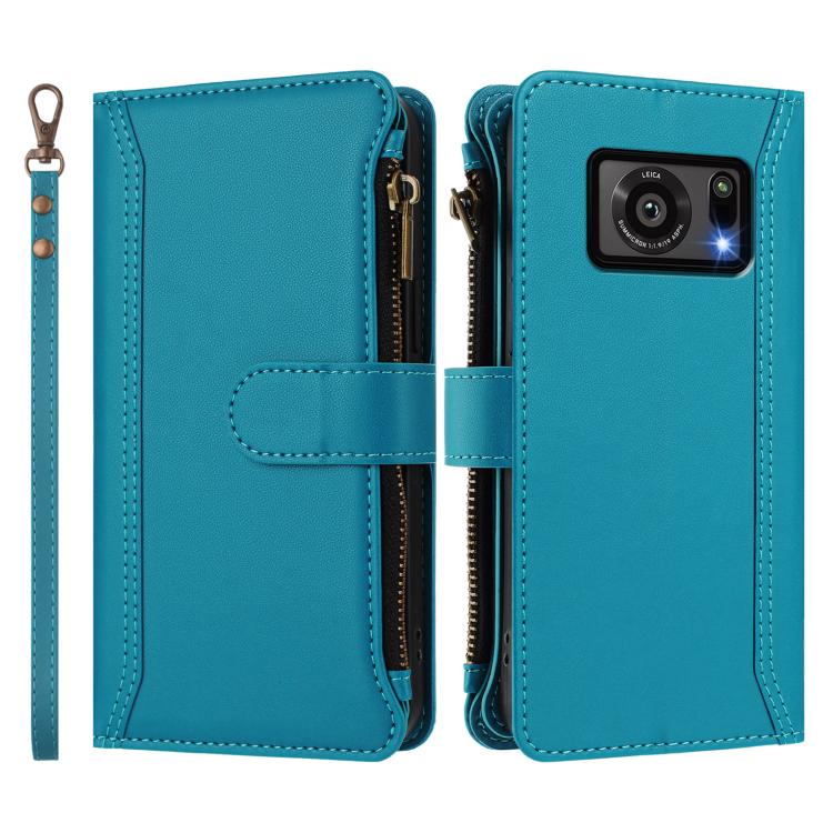 For Sharp Aquos R6 Magnetic Closure 9 Card Slots Zipper Leather Case with Hand Strap