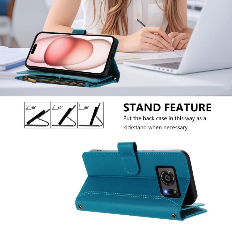 For Sharp Aquos R6 Magnetic Closure 9 Card Slots Zipper Leather Case with Hand Strap