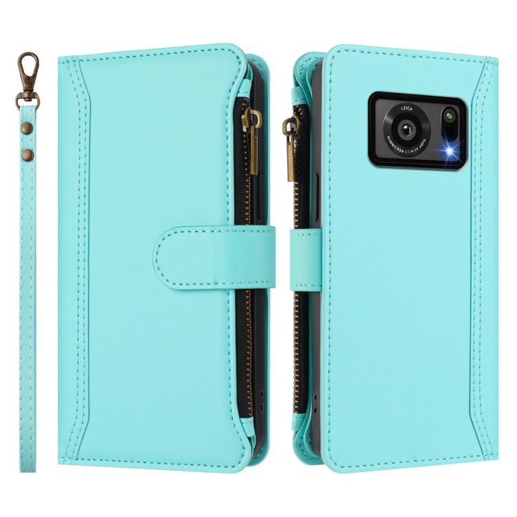 For Sharp Aquos R6 Magnetic Closure 9 Card Slots Zipper Leather Case with Hand Strap
