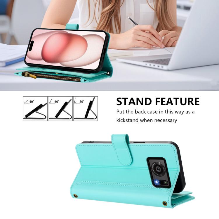 For Sharp Aquos R6 Magnetic Closure 9 Card Slots Zipper Leather Case with Hand Strap