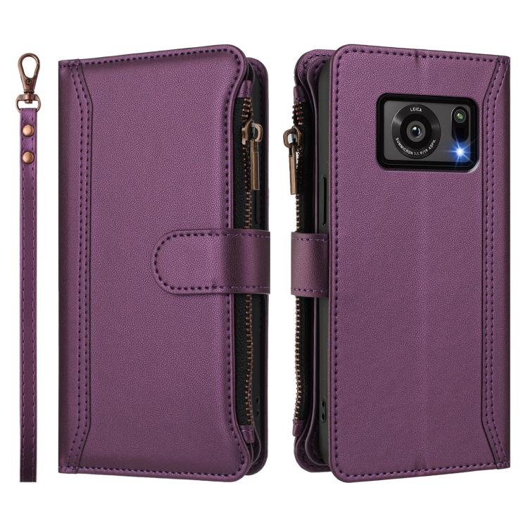 For Sharp Aquos R6 Magnetic Closure 9 Card Slots Zipper Leather Case with Hand Strap