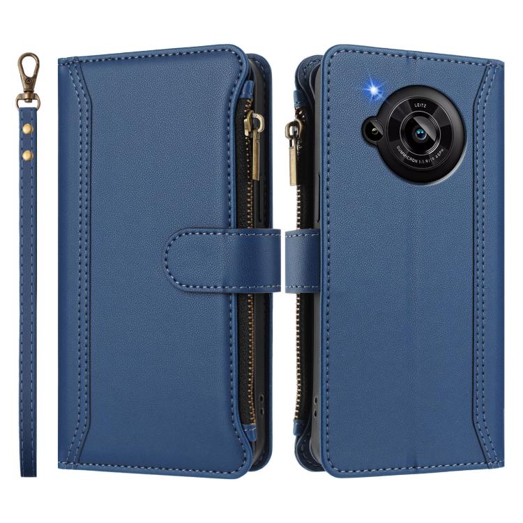 For Sharp Aquos R7 Magnetic Closure 9 Card Slots Zipper Leather Case with Hand Strap