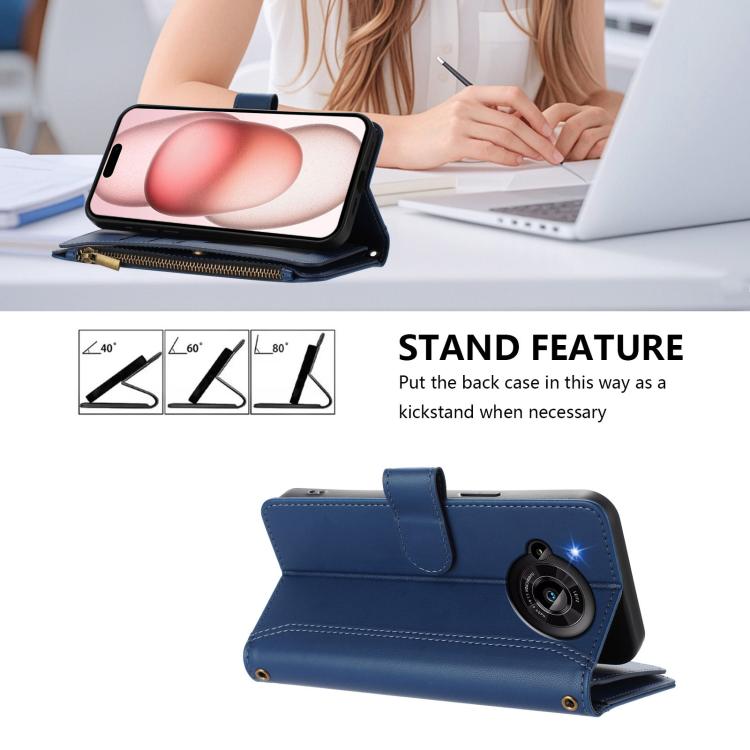 For Sharp Aquos R7 Magnetic Closure 9 Card Slots Zipper Leather Case with Hand Strap