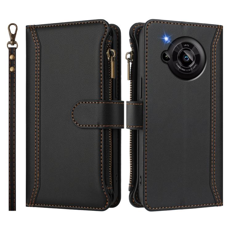 For Sharp Aquos R7 Magnetic Closure 9 Card Slots Zipper Leather Case with Hand Strap