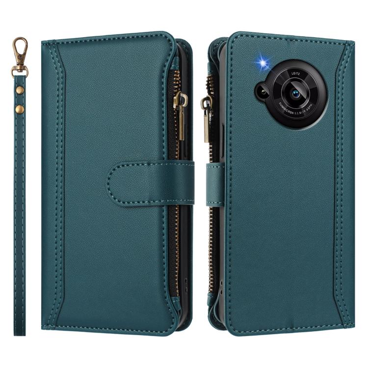 For Sharp Aquos R7 Magnetic Closure 9 Card Slots Zipper Leather Case with Hand Strap