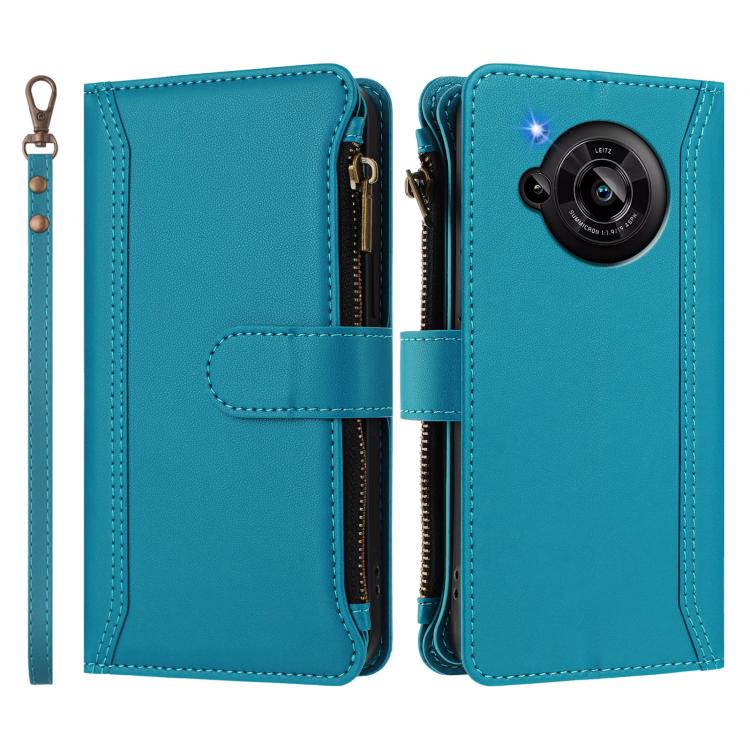 For Sharp Aquos R7 Magnetic Closure 9 Card Slots Zipper Leather Case with Hand Strap