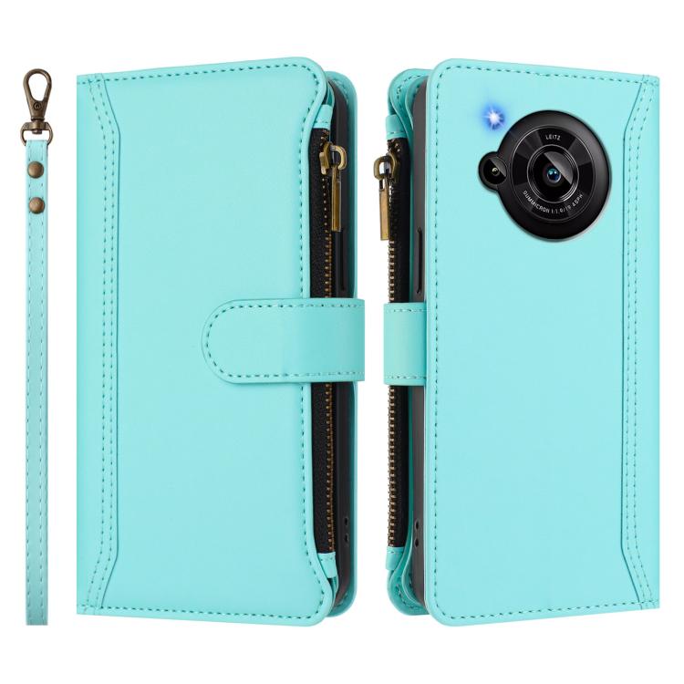 For Sharp Aquos R7 Magnetic Closure 9 Card Slots Zipper Leather Case with Hand Strap