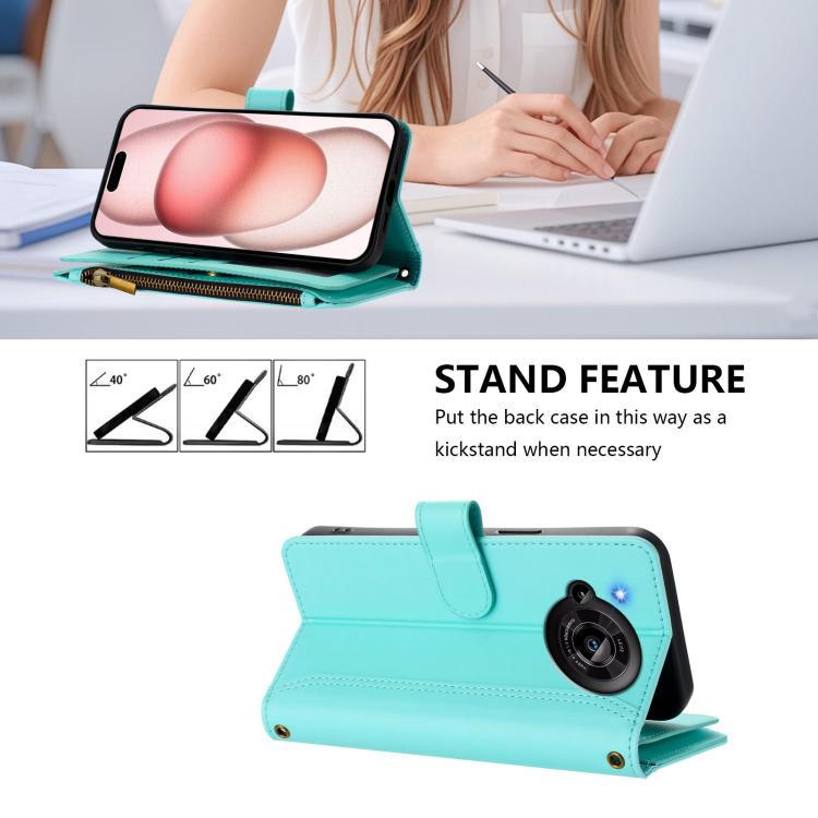 For Sharp Aquos R7 Magnetic Closure 9 Card Slots Zipper Leather Case with Hand Strap