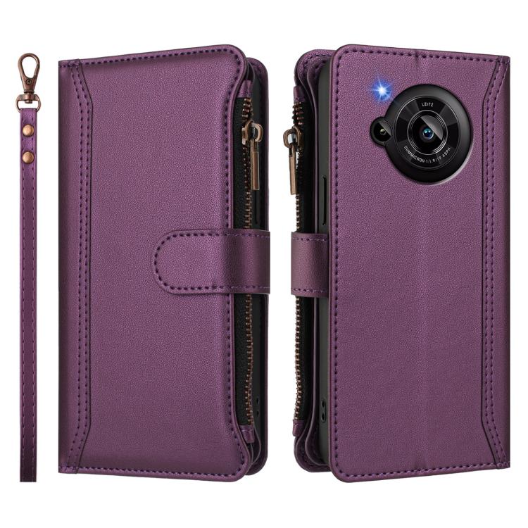 For Sharp Aquos R7 Magnetic Closure 9 Card Slots Zipper Leather Case with Hand Strap