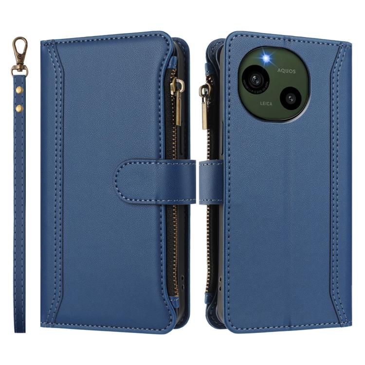 For Sharp Aquos R9 SH-51E Magnetic Closure 9 Card Slots Zipper Leather Case with Hand Strap