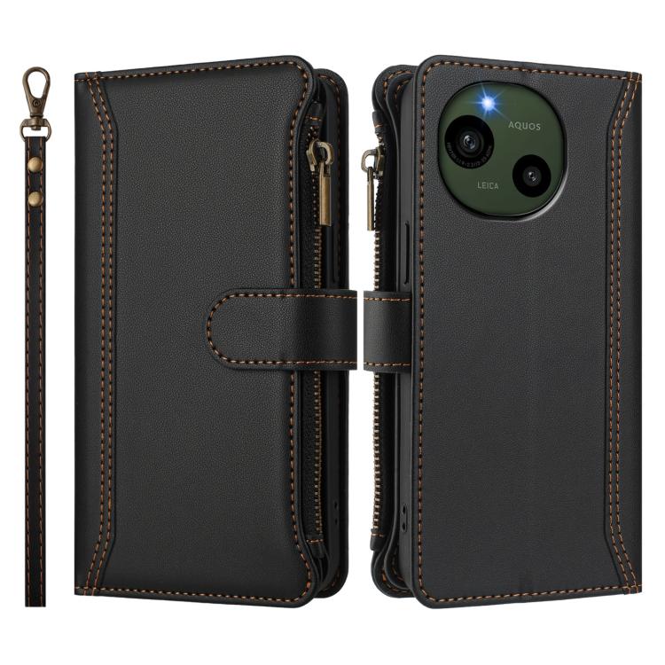 For Sharp Aquos R9 SH-51E Magnetic Closure 9 Card Slots Zipper Leather Case with Hand Strap