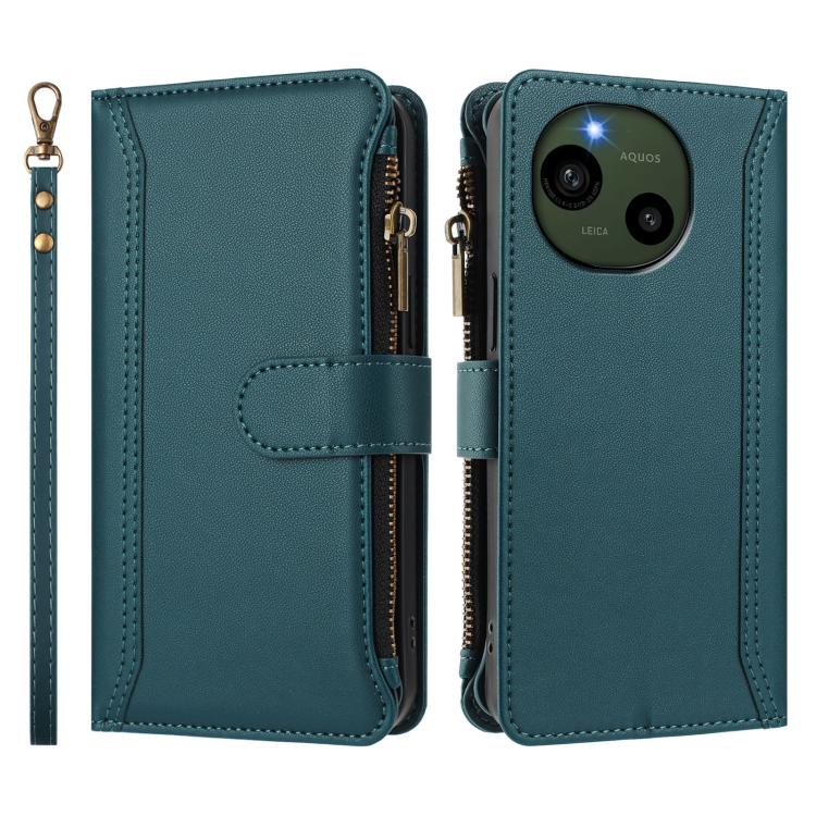 For Sharp Aquos R9 SH-51E Magnetic Closure 9 Card Slots Zipper Leather Case with Hand Strap