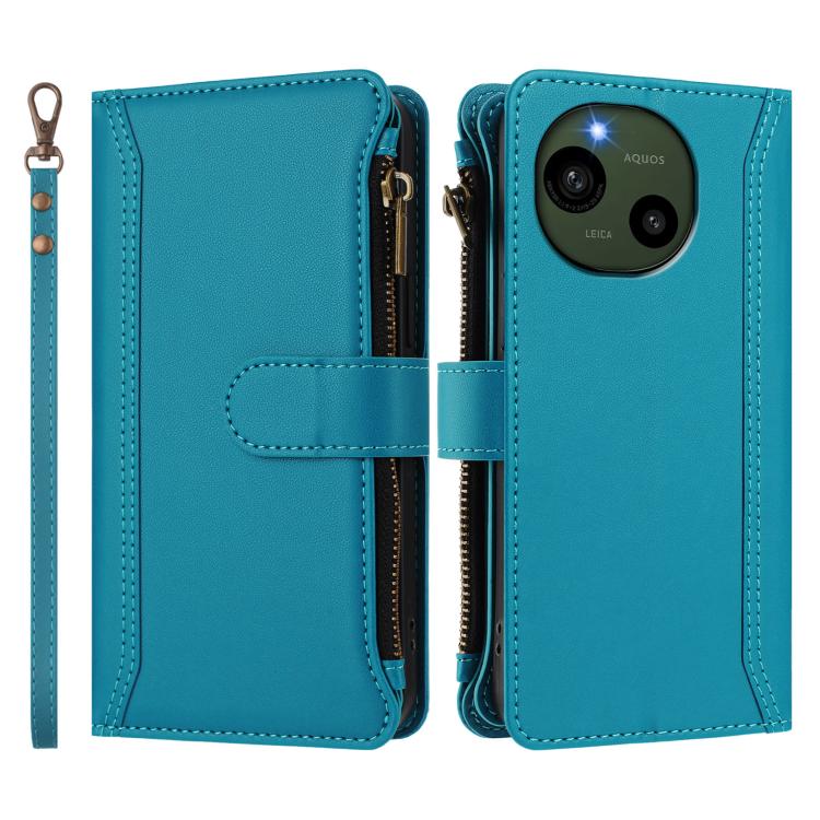 For Sharp Aquos R9 SH-51E Magnetic Closure 9 Card Slots Zipper Leather Case with Hand Strap