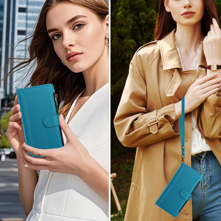 For Sharp Aquos R9 SH-51E Magnetic Closure 9 Card Slots Zipper Leather Case with Hand Strap