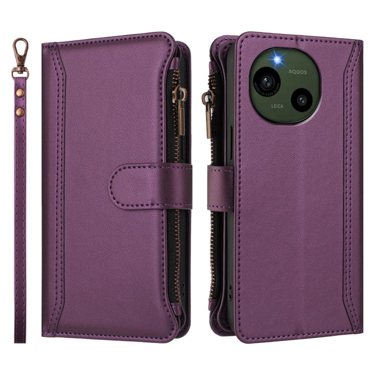 For Sharp Aquos R9 SH-51E Magnetic Closure 9 Card Slots Zipper Leather Case with Hand Strap