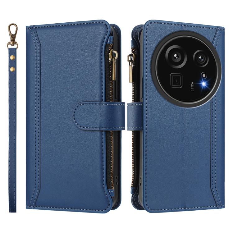 For Sharp Aquos R9 Pro Magnetic Closure 9 Card Slots Zipper Leather Case with Hand Strap