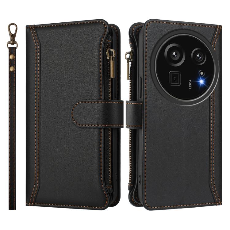 For Sharp Aquos R9 Pro Magnetic Closure 9 Card Slots Zipper Leather Case with Hand Strap