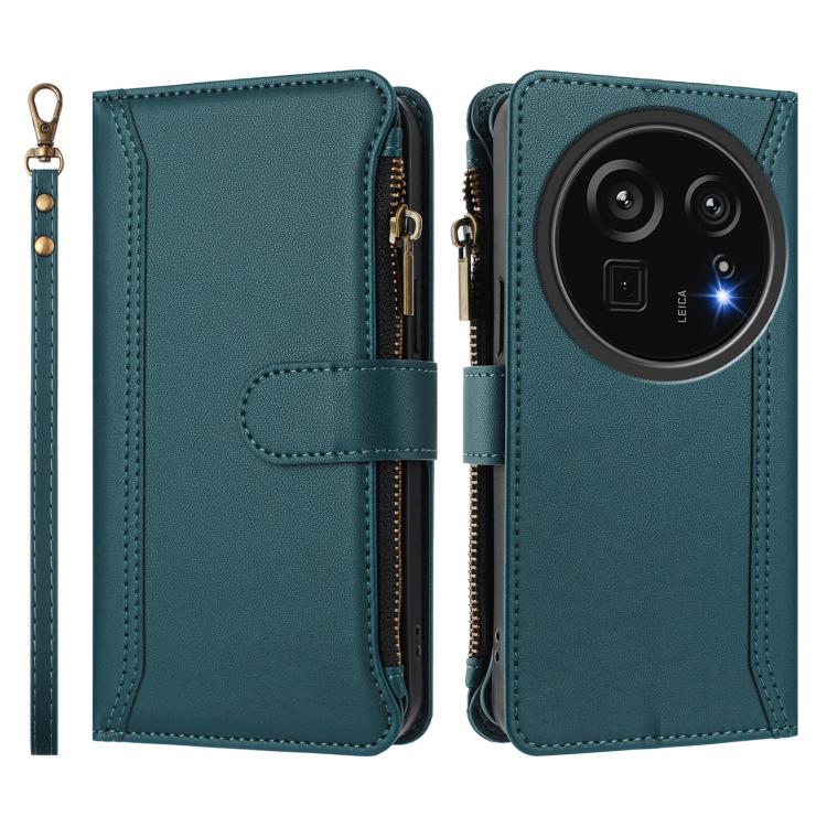 For Sharp Aquos R9 Pro Magnetic Closure 9 Card Slots Zipper Leather Case with Hand Strap