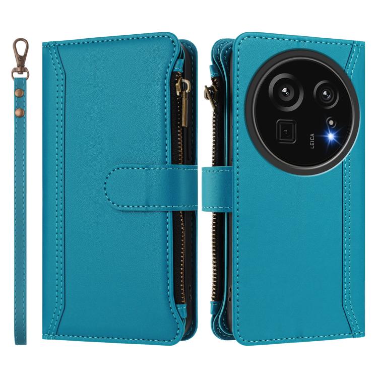 For Sharp Aquos R9 Pro Magnetic Closure 9 Card Slots Zipper Leather Case with Hand Strap
