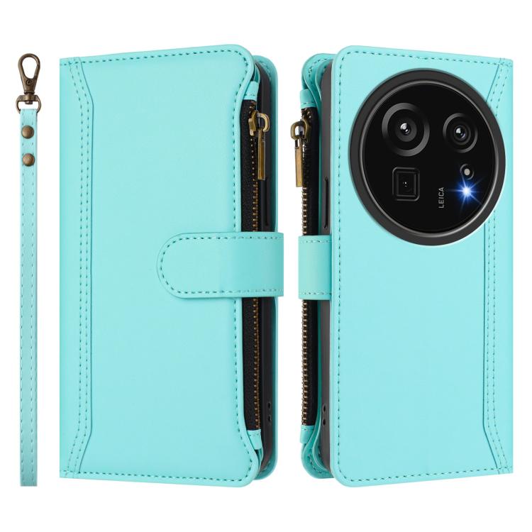 For Sharp Aquos R9 Pro Magnetic Closure 9 Card Slots Zipper Leather Case with Hand Strap