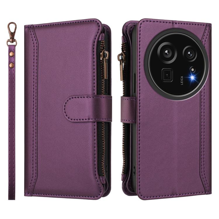 For Sharp Aquos R9 Pro Magnetic Closure 9 Card Slots Zipper Leather Case with Hand Strap