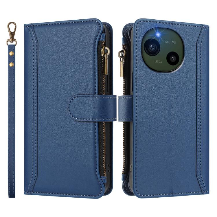 For Sharp Aquos R10 Magnetic Closure 9 Card Slots Zipper Leather Case with Hand Strap