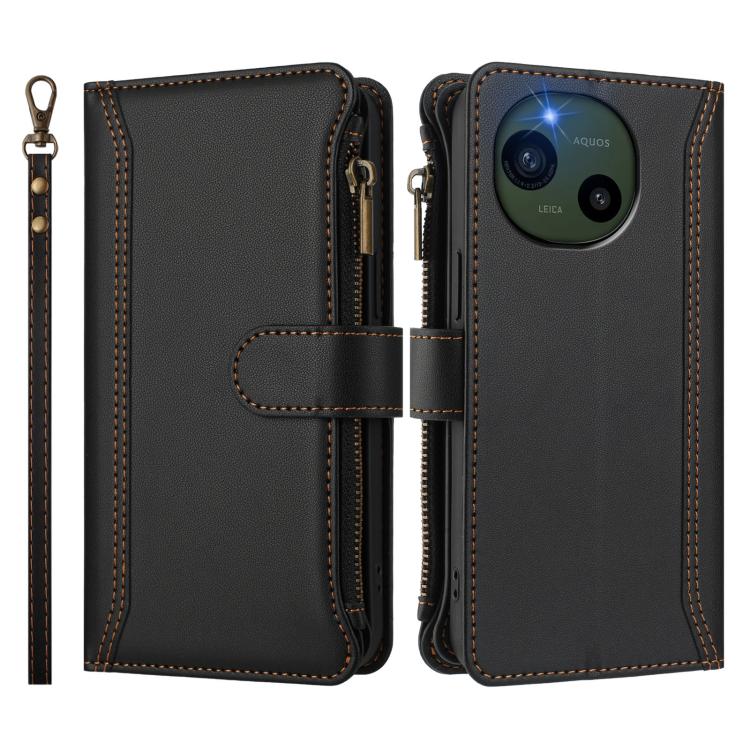 For Sharp Aquos R10 Magnetic Closure 9 Card Slots Zipper Leather Case with Hand Strap