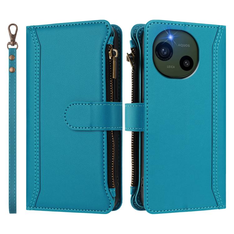 For Sharp Aquos R10 Magnetic Closure 9 Card Slots Zipper Leather Case with Hand Strap