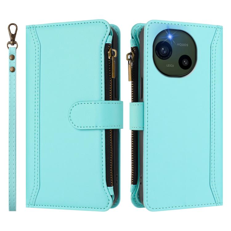 For Sharp Aquos R10 Magnetic Closure 9 Card Slots Zipper Leather Case with Hand Strap