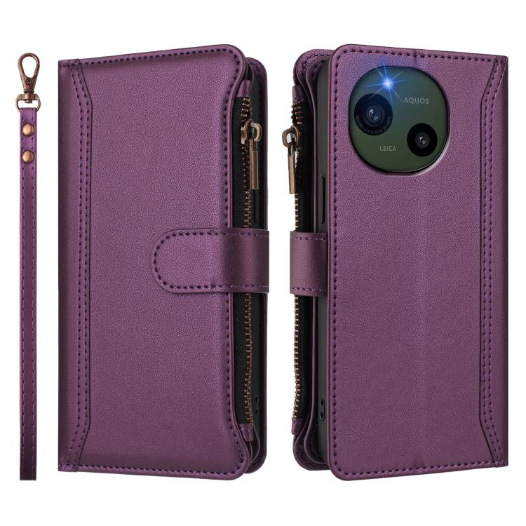 For Sharp Aquos R10 Magnetic Closure 9 Card Slots Zipper Leather Case with Hand Strap