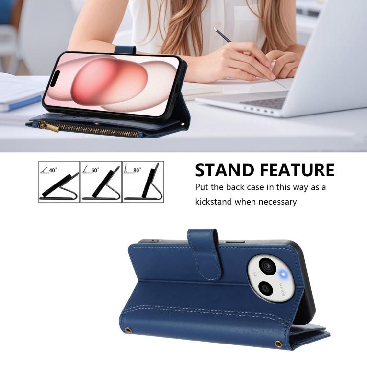 For Sharp Aquos sense9 Plus Magnetic Closure 9 Card Slots Zipper Leather Case with Hand Strap