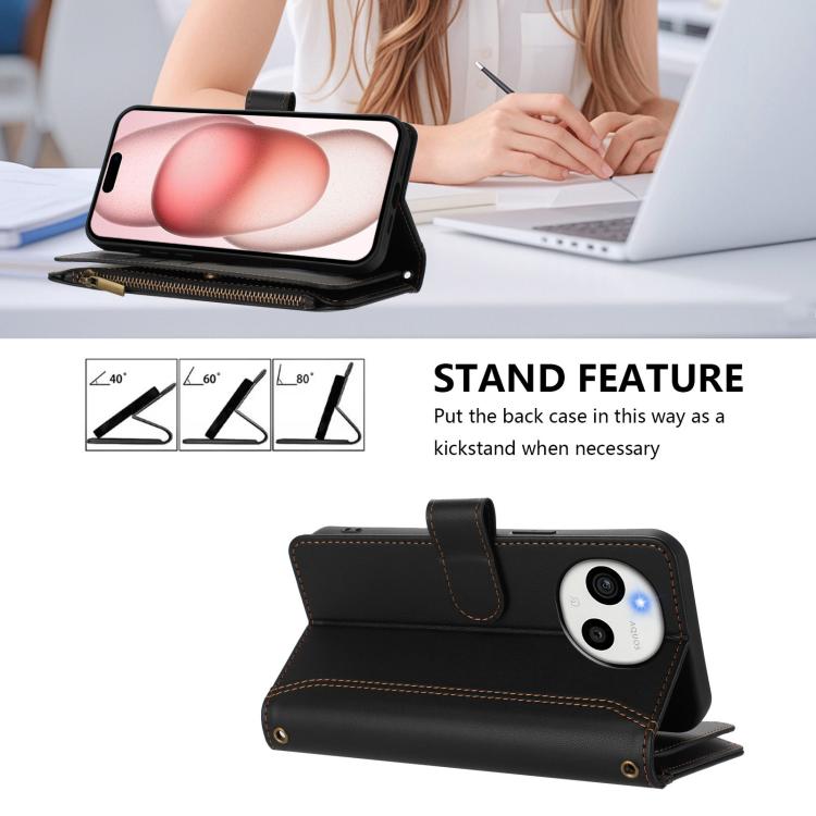 For Sharp Aquos sense9 Plus Magnetic Closure 9 Card Slots Zipper Leather Case with Hand Strap