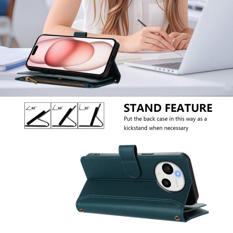 For Sharp Aquos sense9 Plus Magnetic Closure 9 Card Slots Zipper Leather Case with Hand Strap