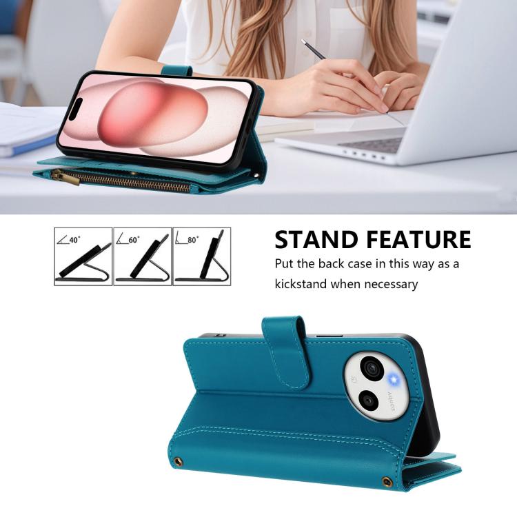 For Sharp Aquos sense9 Plus Magnetic Closure 9 Card Slots Zipper Leather Case with Hand Strap