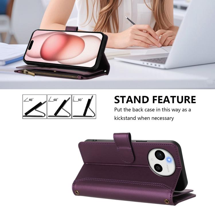 For Sharp Aquos sense9 Plus Magnetic Closure 9 Card Slots Zipper Leather Case with Hand Strap