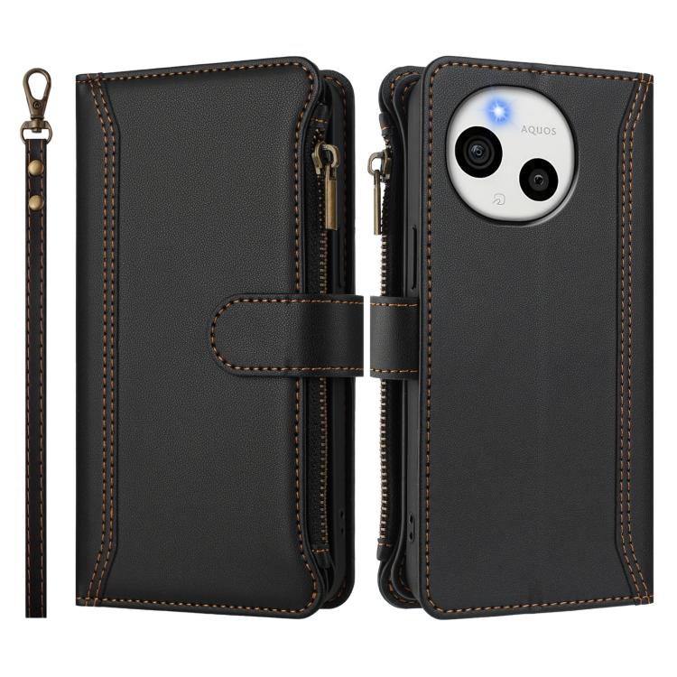 For Sharp Aquos sense9 Magnetic Closure 9 Card Slots Zipper Leather Case with Hand Strap